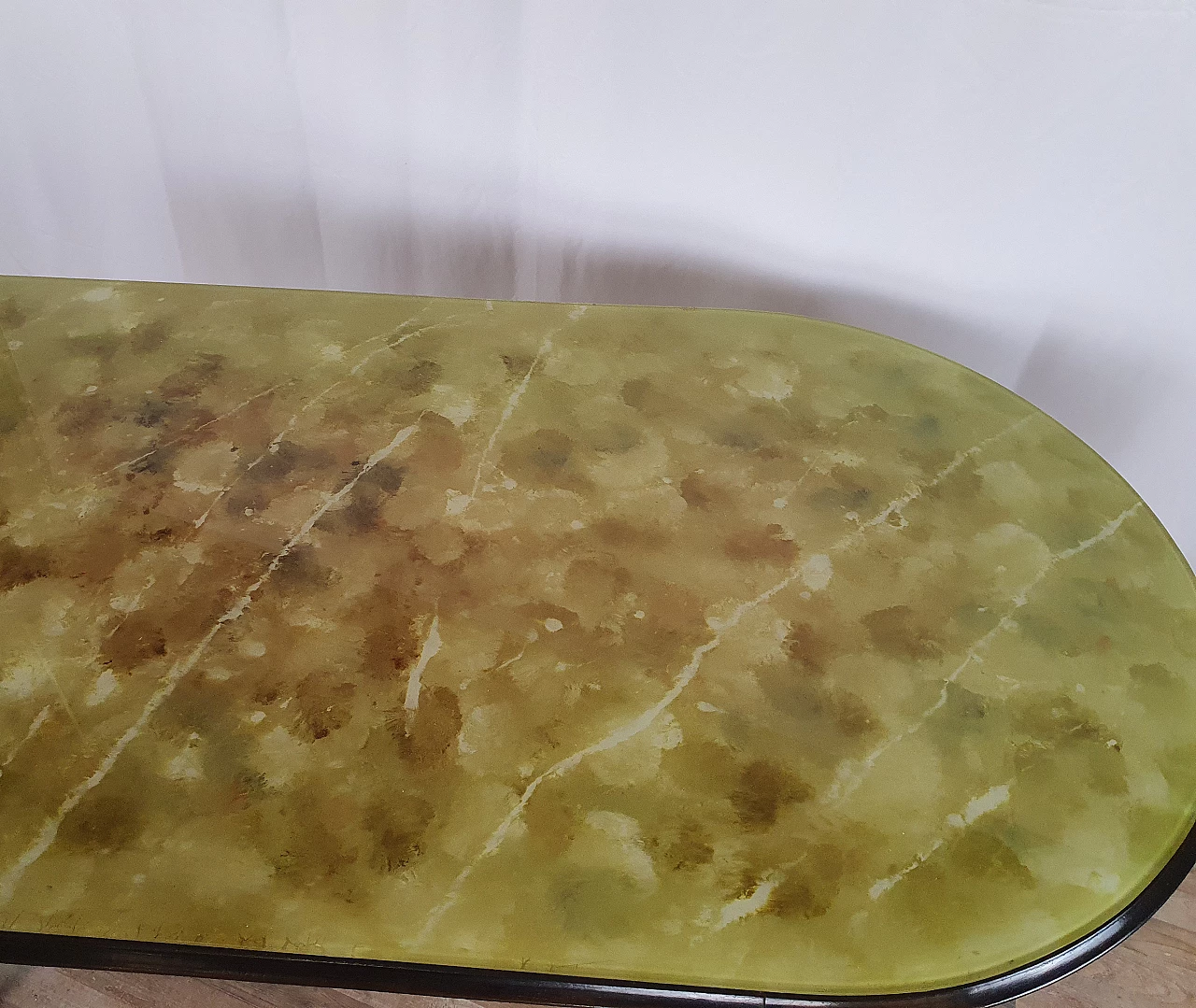 Mahogany oval dining table with decorated glass top, 1950s 7