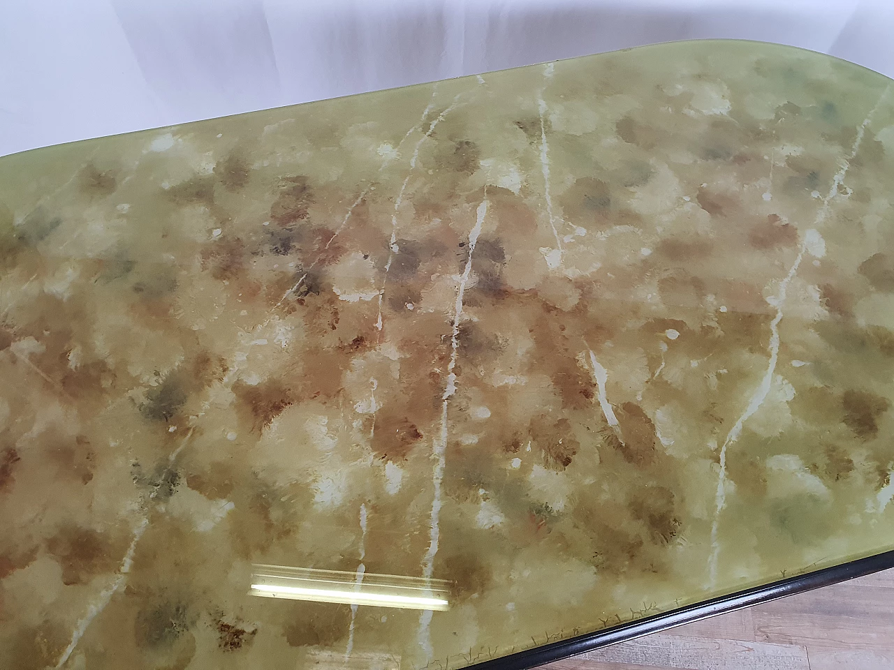 Mahogany oval dining table with decorated glass top, 1950s 8