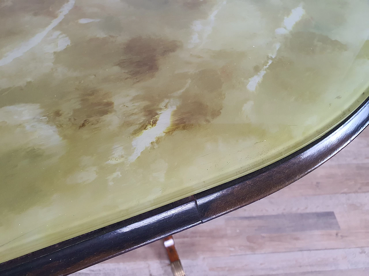 Mahogany oval dining table with decorated glass top, 1950s 10