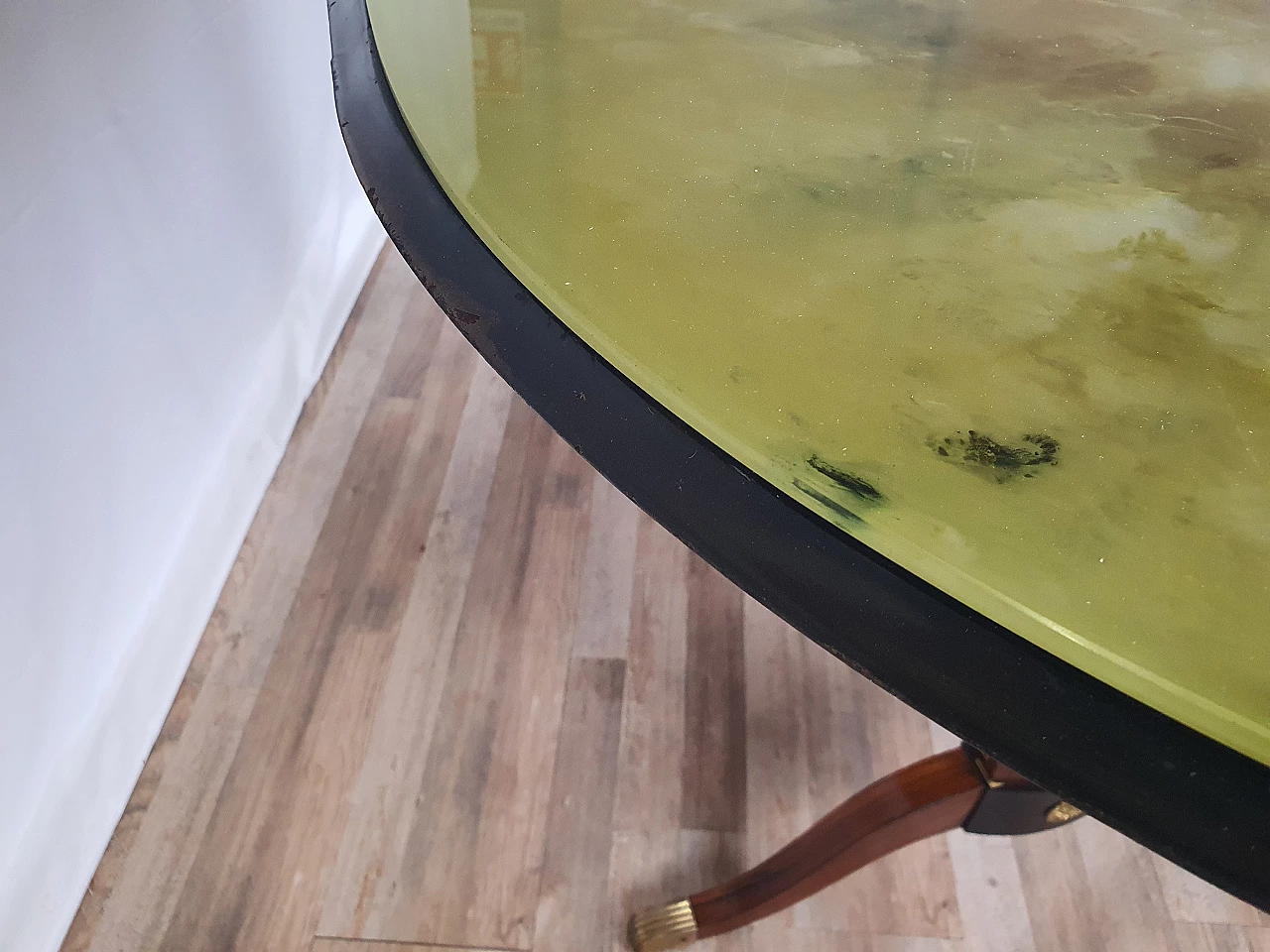 Mahogany oval dining table with decorated glass top, 1950s 15