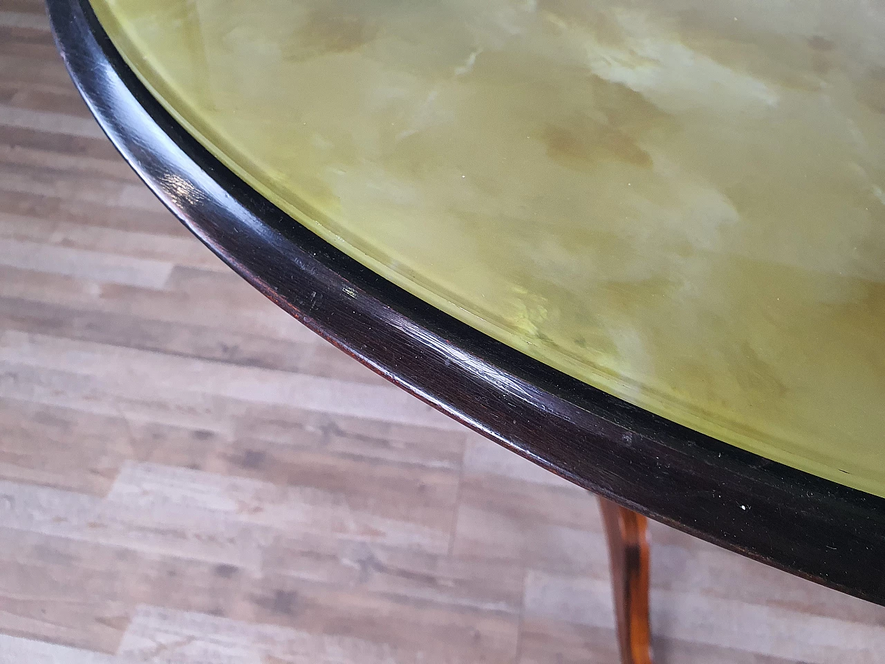 Mahogany oval dining table with decorated glass top, 1950s 17