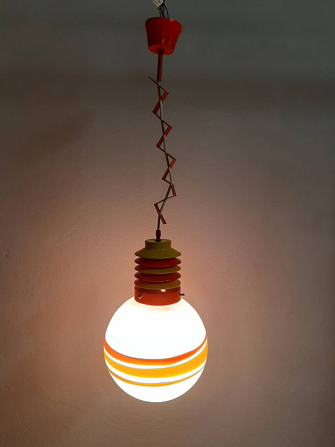 Metal and coloured glass chandelier, 1970s 2