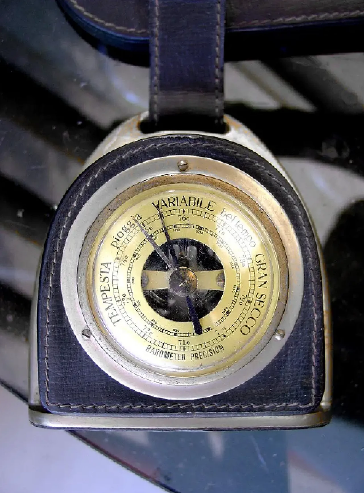 Gucci barometer and watch in metal, brass and leather, 1950s 2