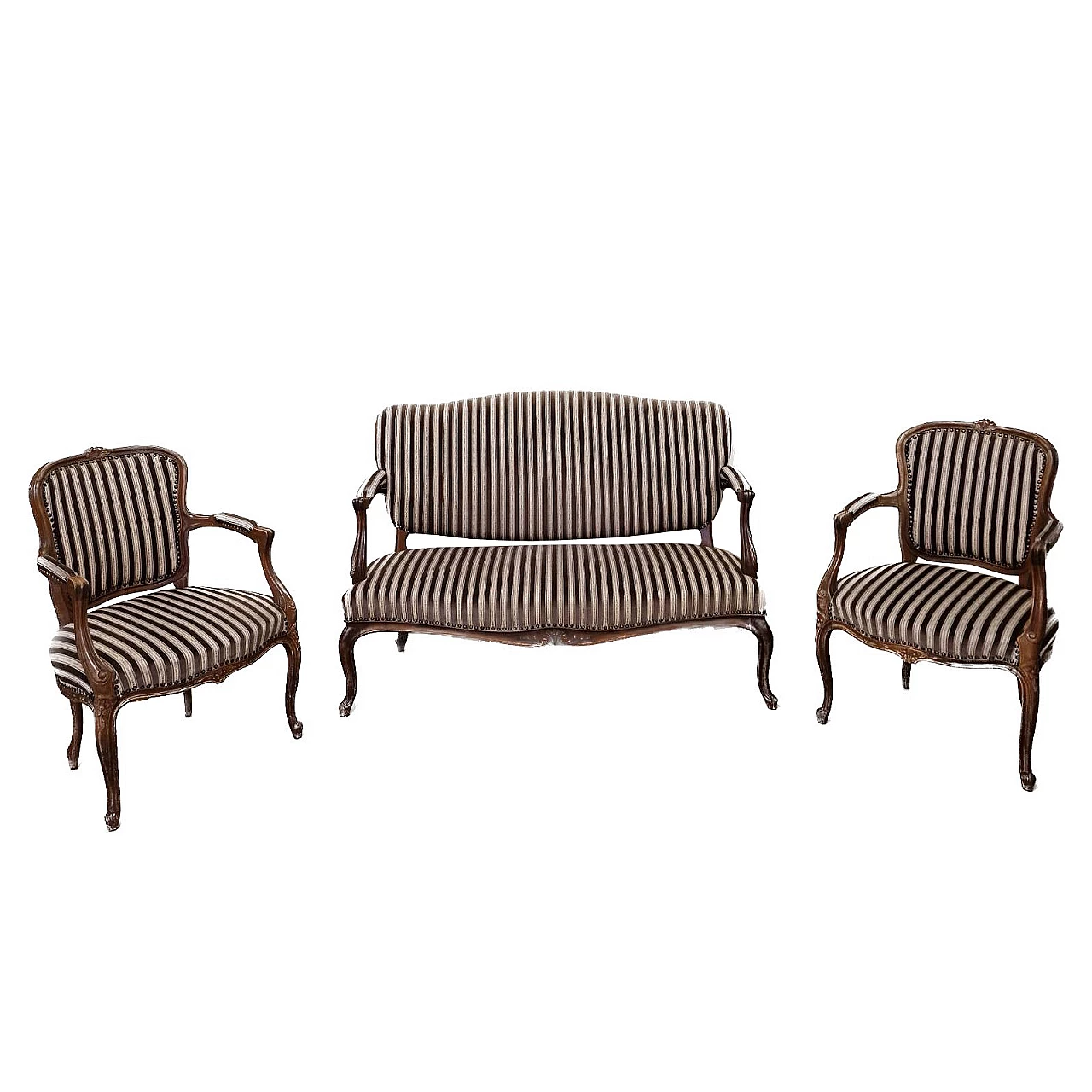 Pair of armchairs and sofa in wood and damask, 1920s 1