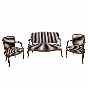 Pair of armchairs and sofa in wood and damask, 1920s