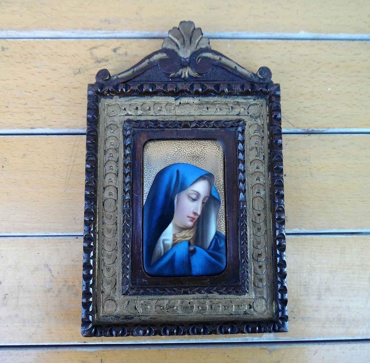 Ceramic Madonna with wood frame, late 19th century 1