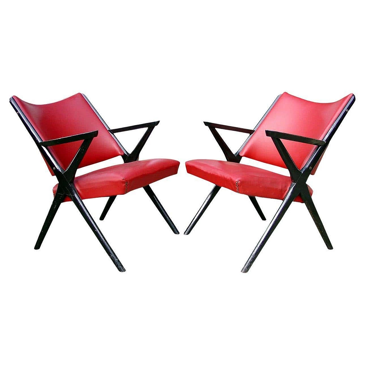 Pair of black lacquered wood and leatherette armchairs by Dal Vera, 1960s 1