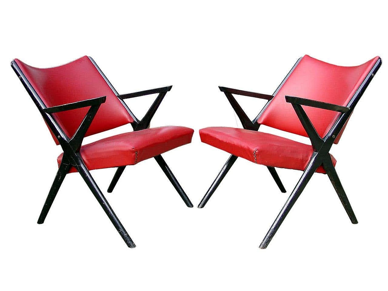 Pair of black lacquered wood and leatherette armchairs by Dal Vera, 1960s 2