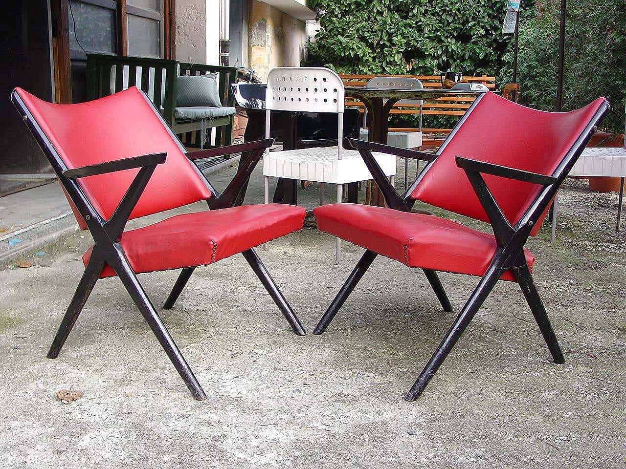 Pair of black lacquered wood and leatherette armchairs by Dal Vera, 1960s 3