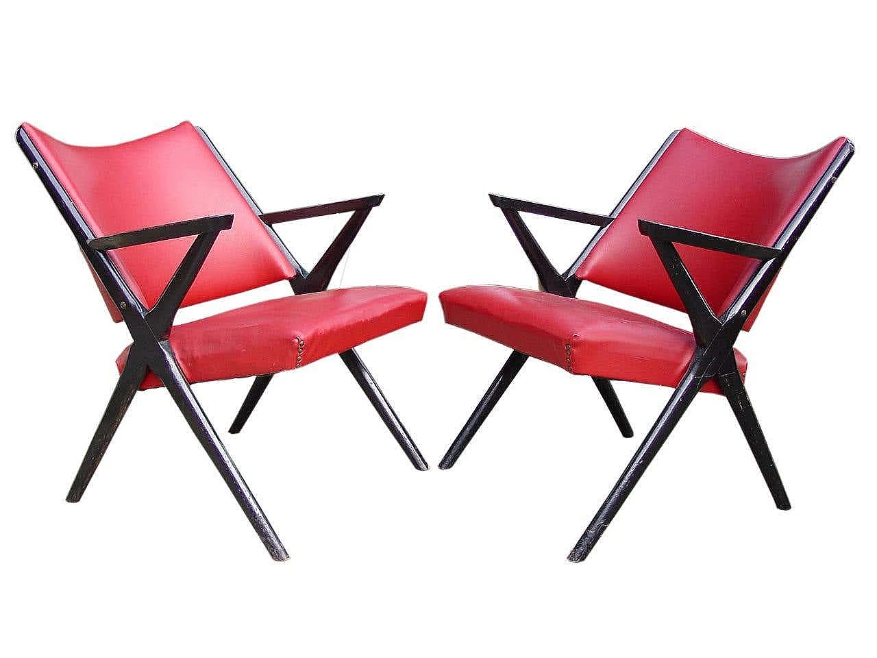 Pair of black lacquered wood and leatherette armchairs by Dal Vera, 1960s 4