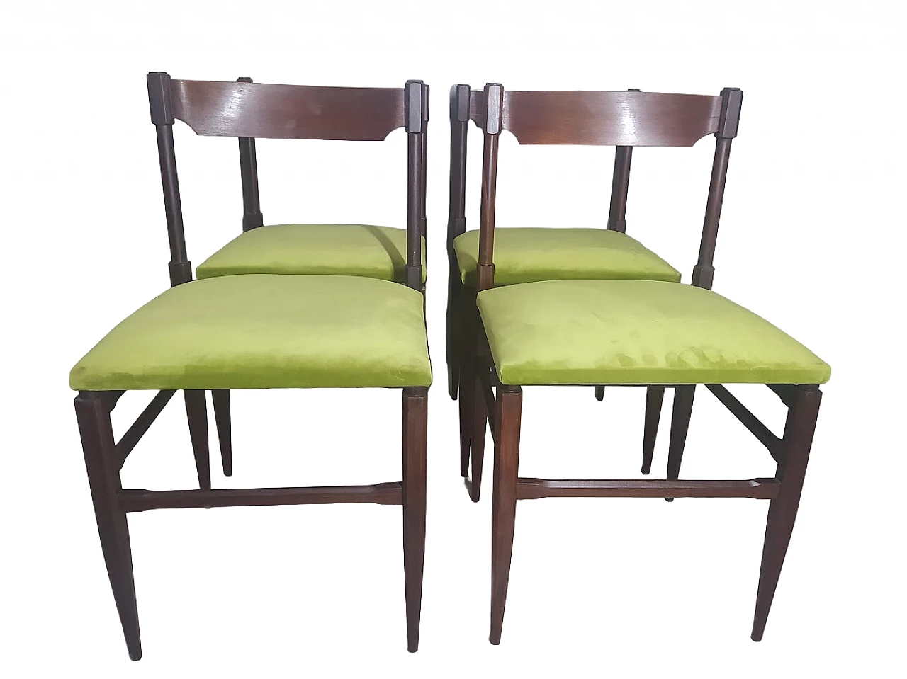 4 Chairs in rosewood and green velvet in the style of Gianfranco Frattini, 1960s 1