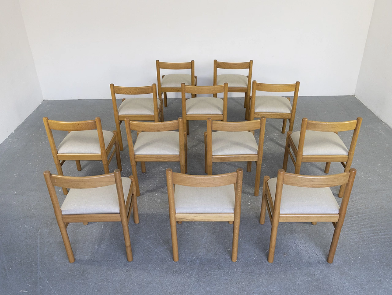 12 oak and fabric chairs, 1970s 2