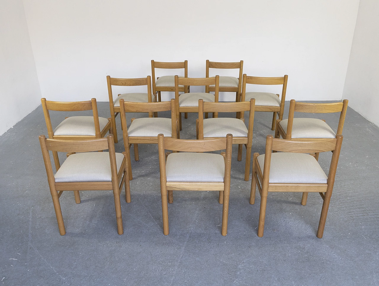 12 oak and fabric chairs, 1970s 3