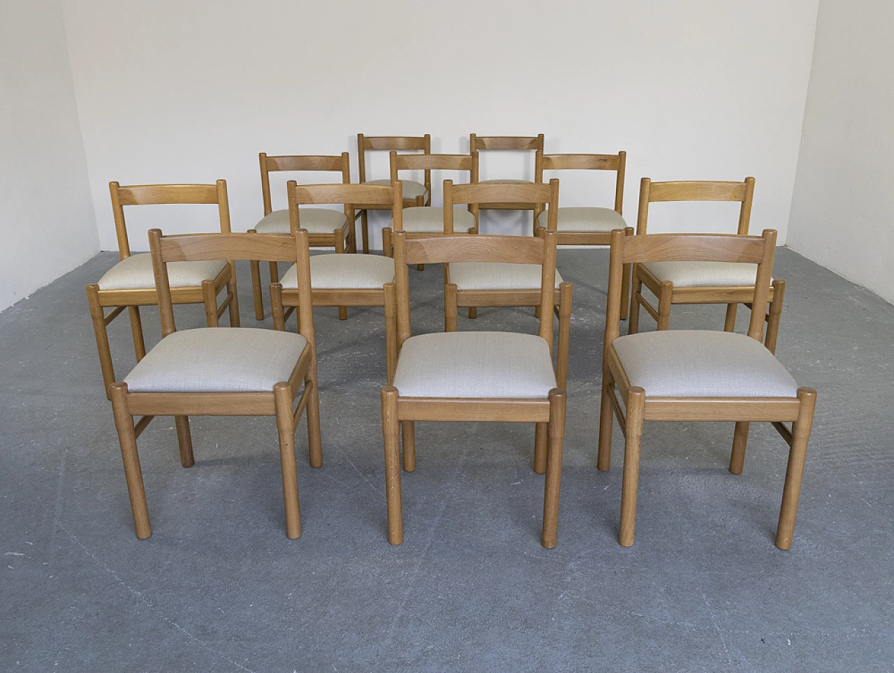 12 oak and fabric chairs, 1970s 5