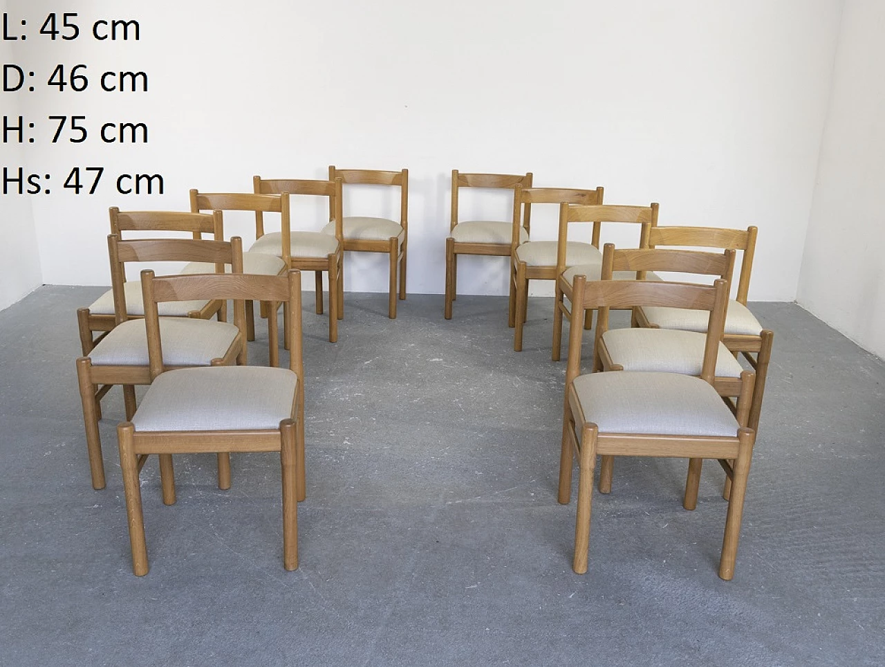 12 oak and fabric chairs, 1970s 7