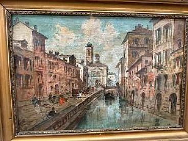 View with canal, oil painting on panel