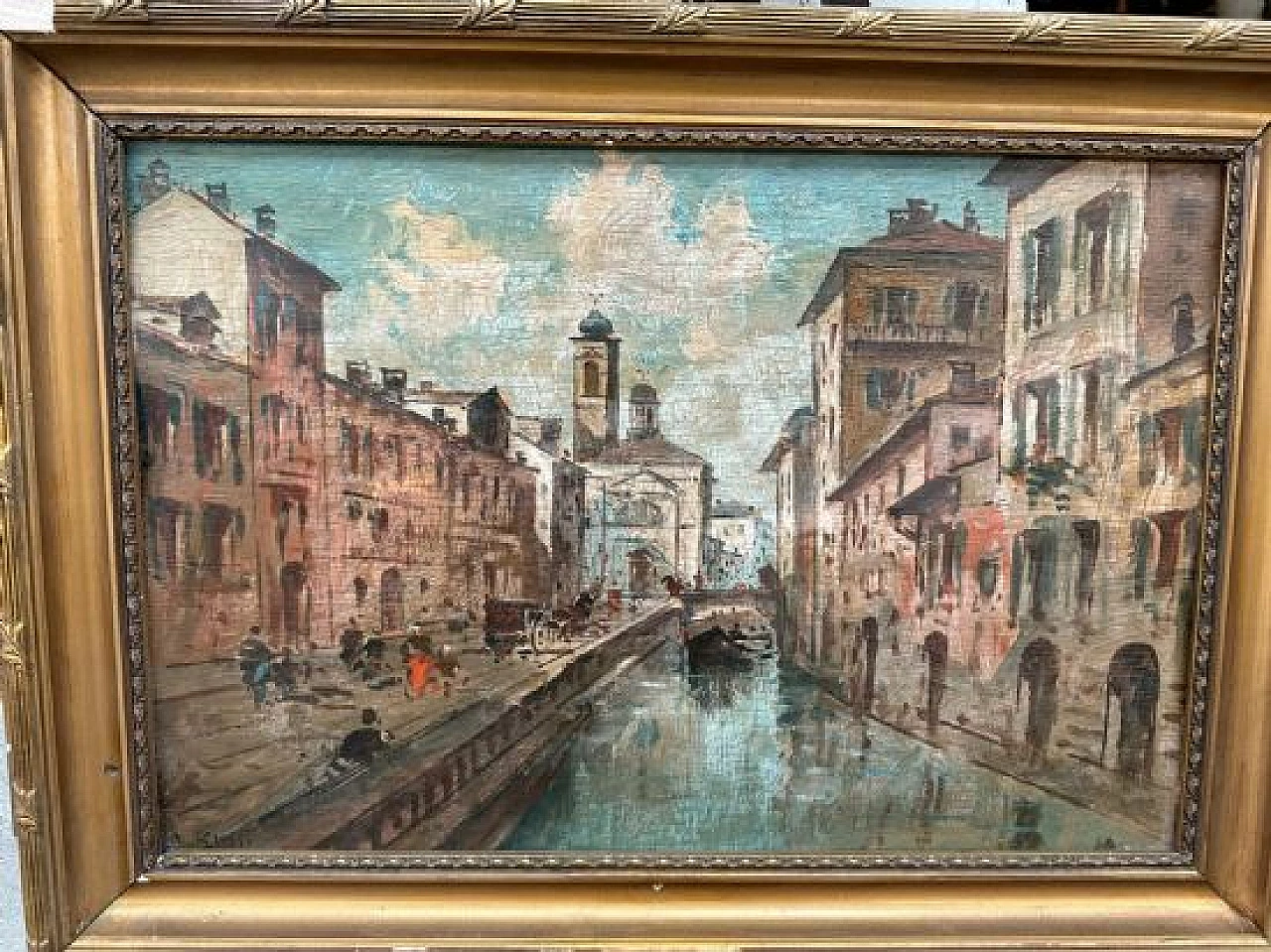 View with canal, oil painting on panel 3