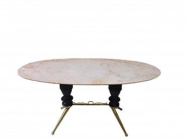 Oval metal and wood coffee table with marble top, 1950s