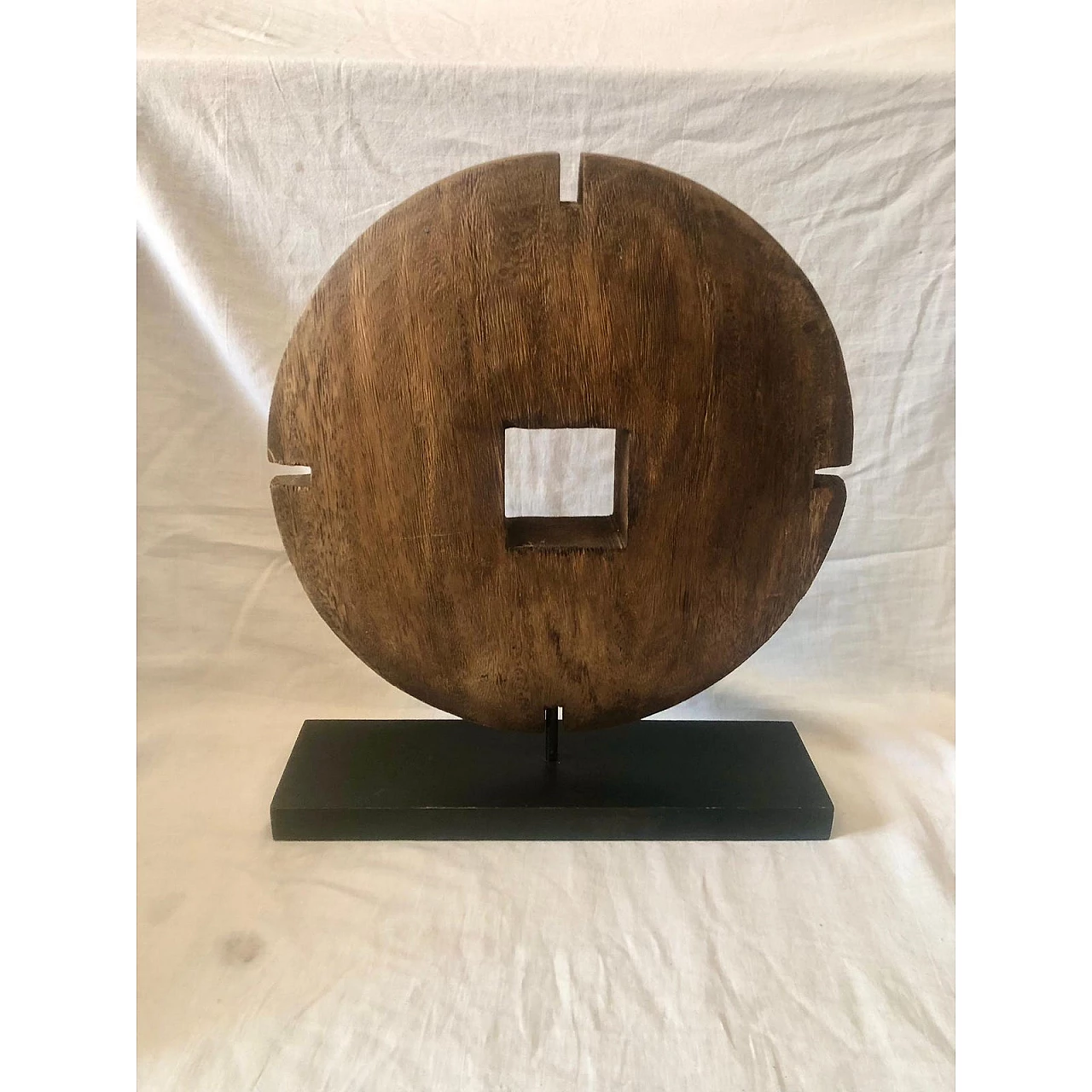 Asian-style carved wooden disc on wooden stand, 1950s 2