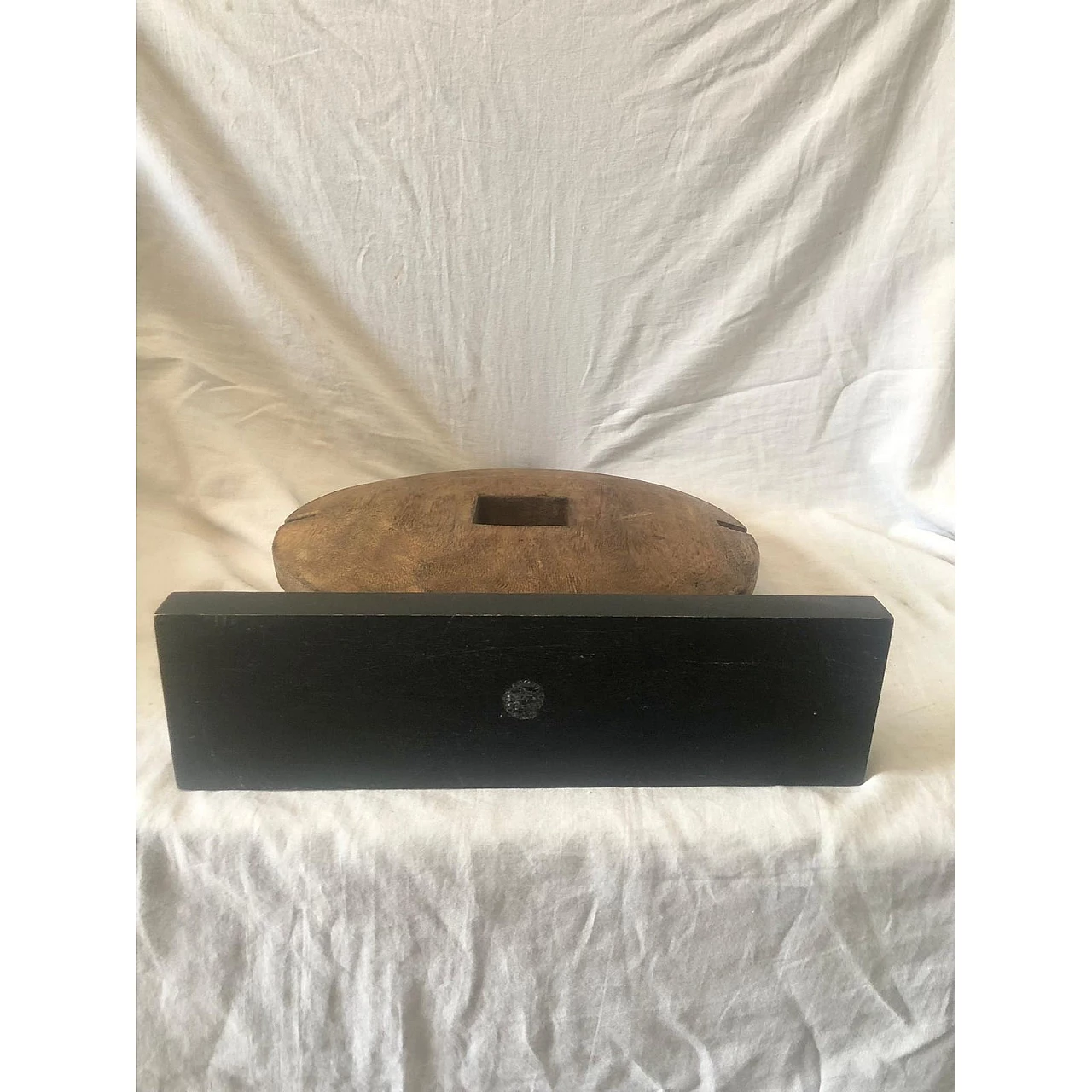 Asian-style carved wooden disc on wooden stand, 1950s 3