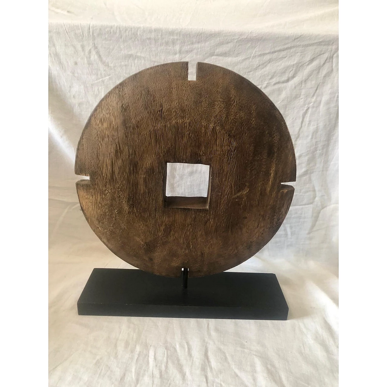 Asian-style carved wooden disc on wooden stand, 1950s 5