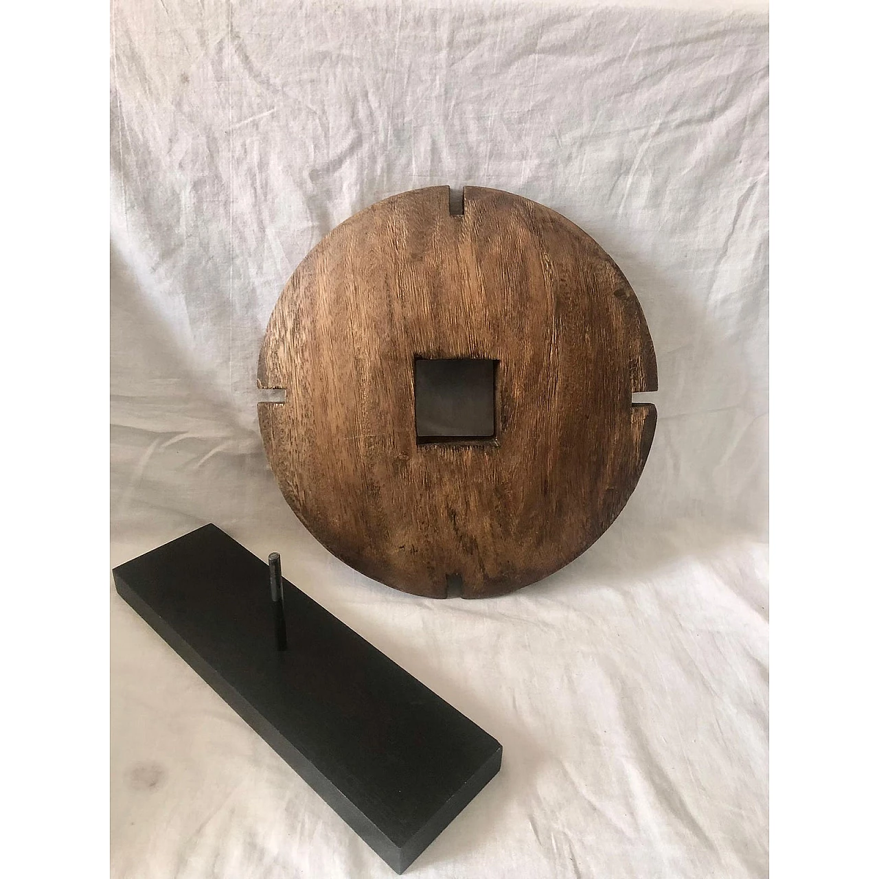 Asian-style carved wooden disc on wooden stand, 1950s 6