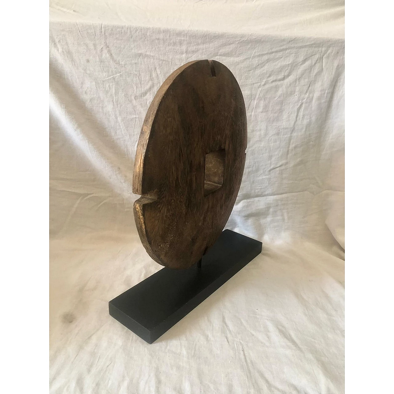 Asian-style carved wooden disc on wooden stand, 1950s 10