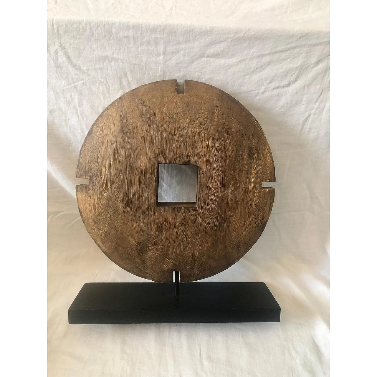 Asian-style carved wooden disc on wooden stand, 1950s 12