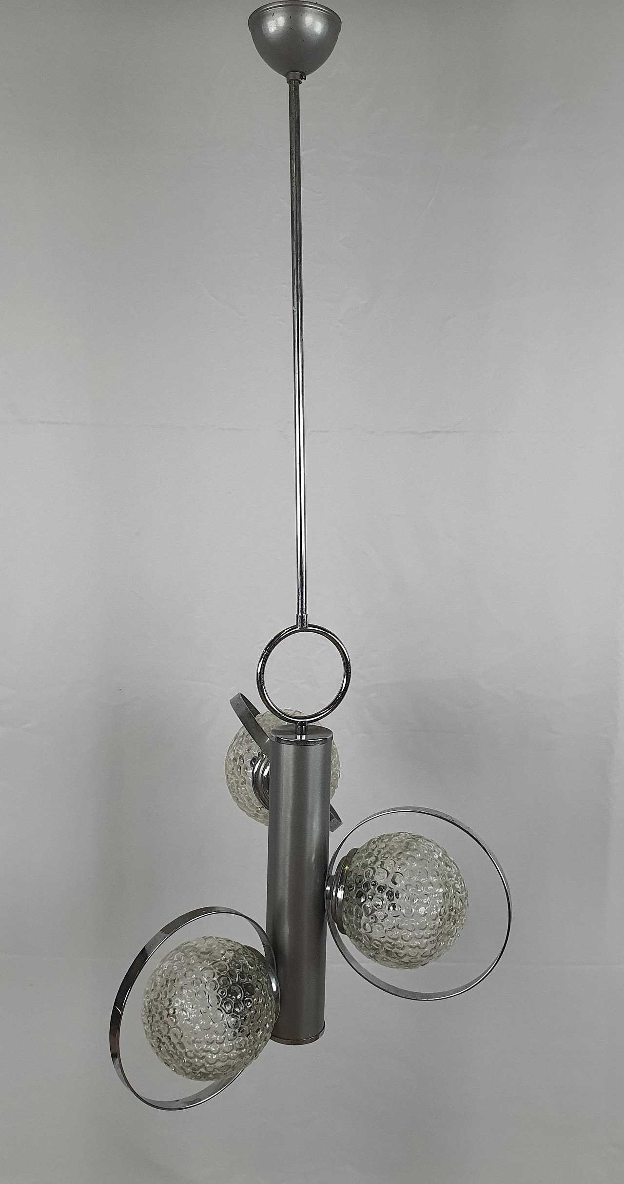 Chrome and glass three-light chandelier, 1970s 1