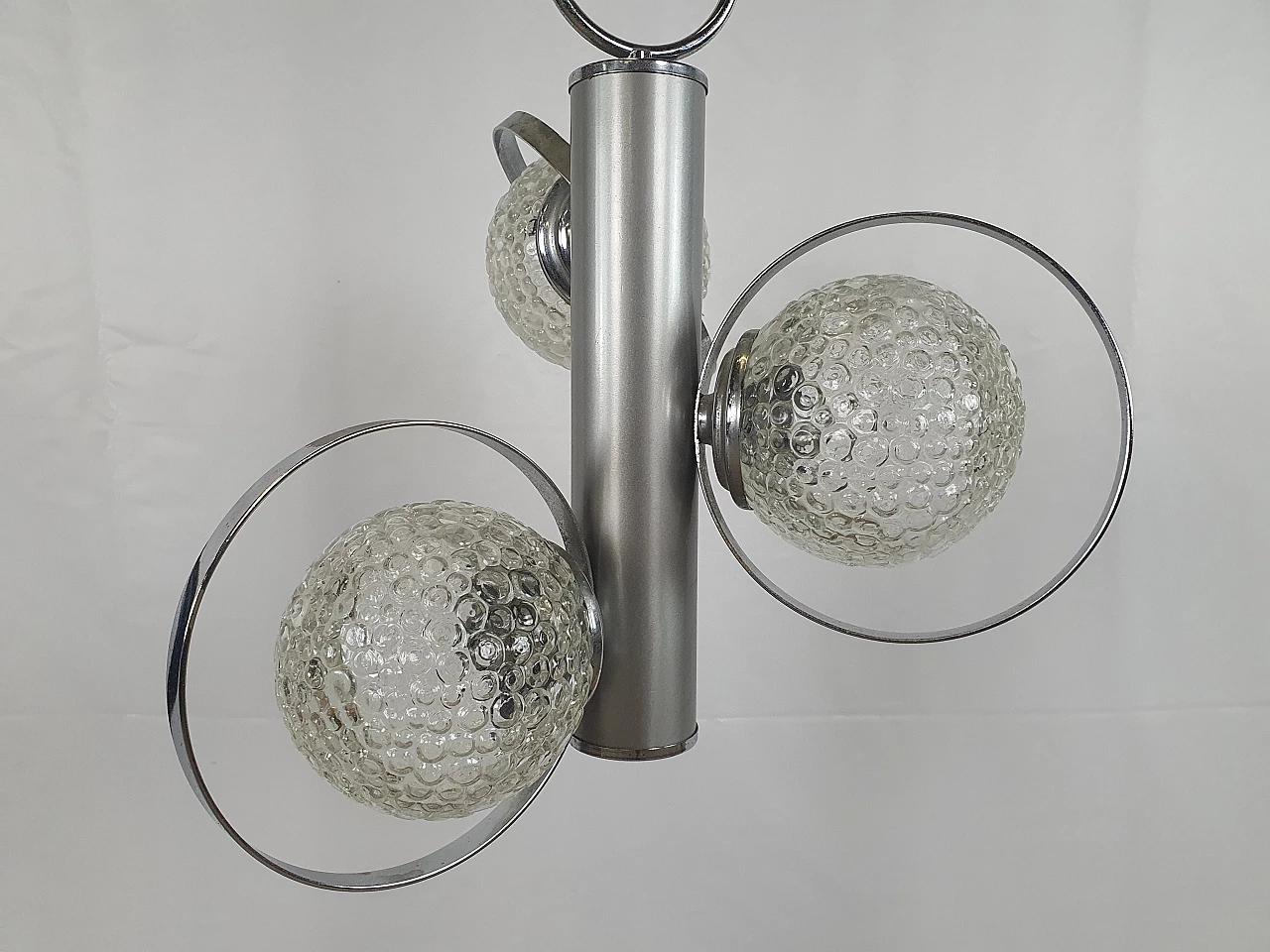 Chrome and glass three-light chandelier, 1970s 2