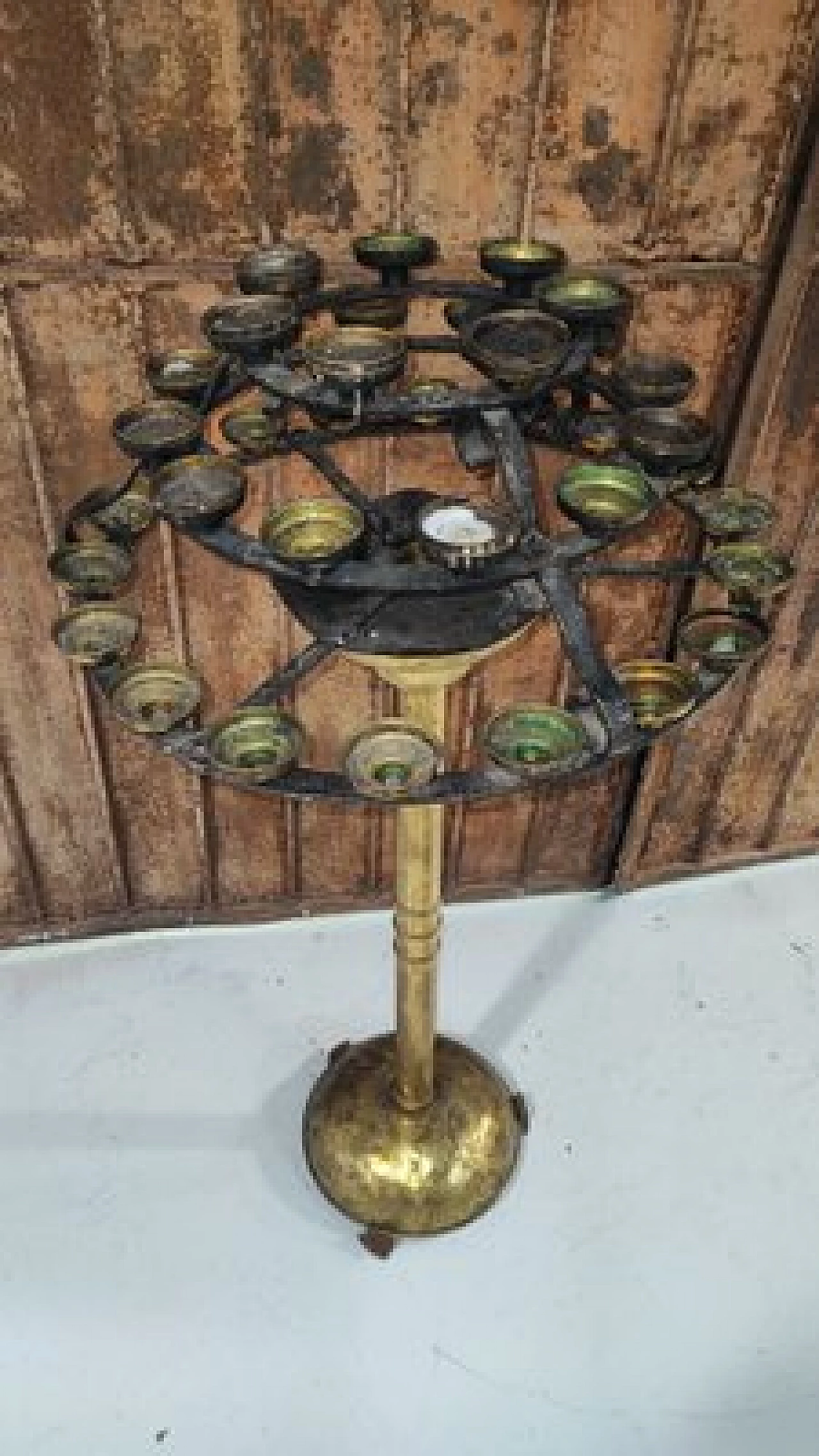 Iron church candlestick holder with brass base, 1940s 1