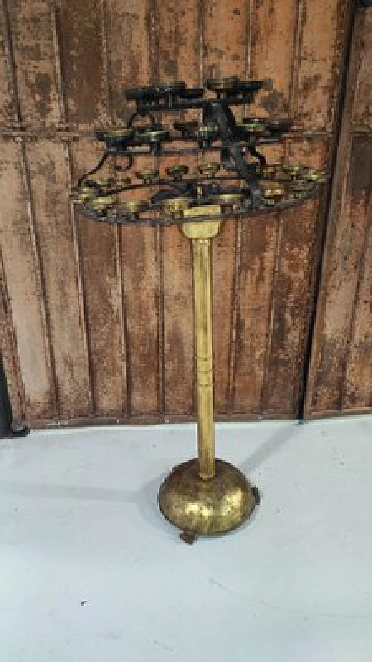 Iron church candlestick holder with brass base, 1940s 2