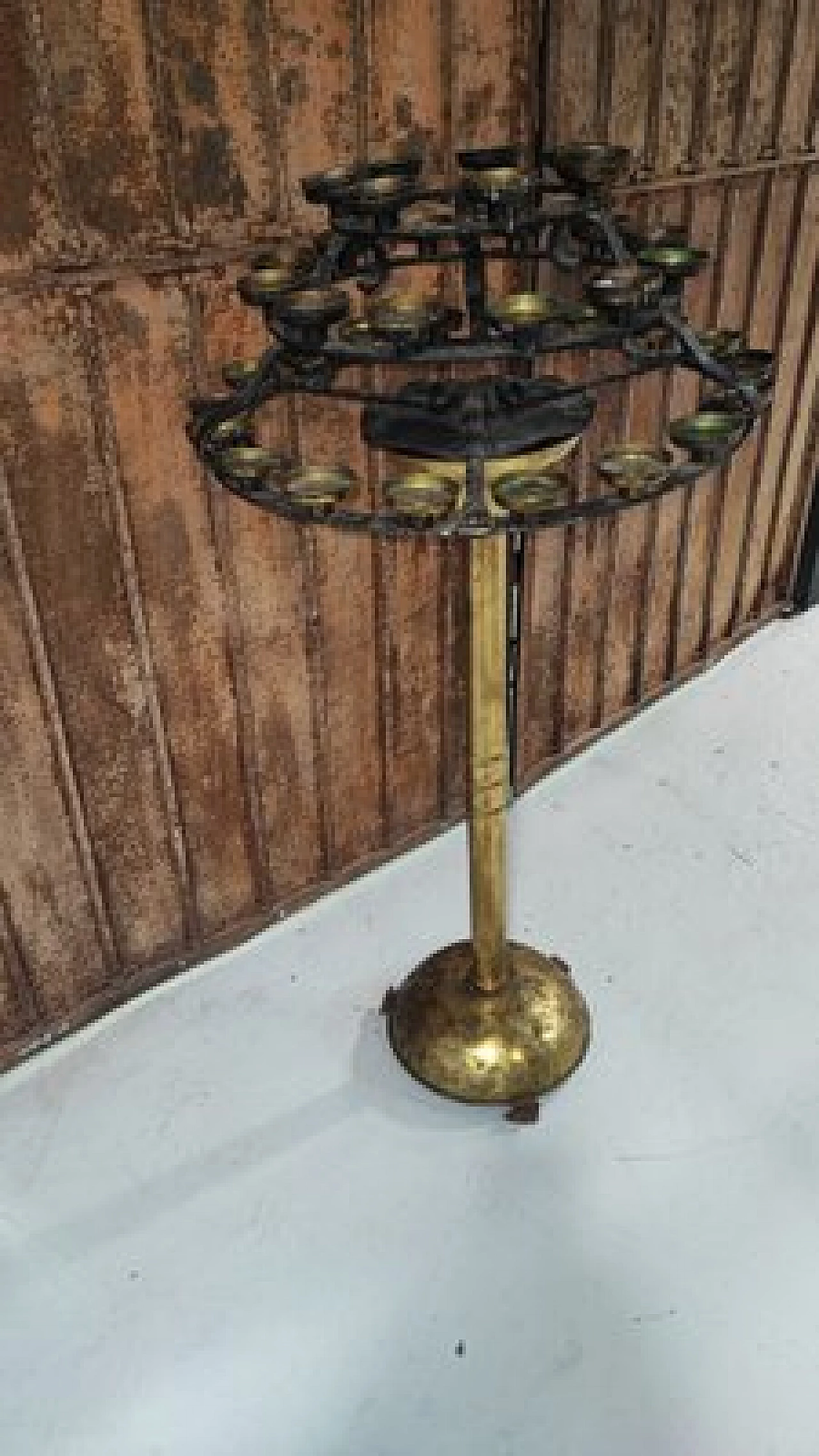 Iron church candlestick holder with brass base, 1940s 3