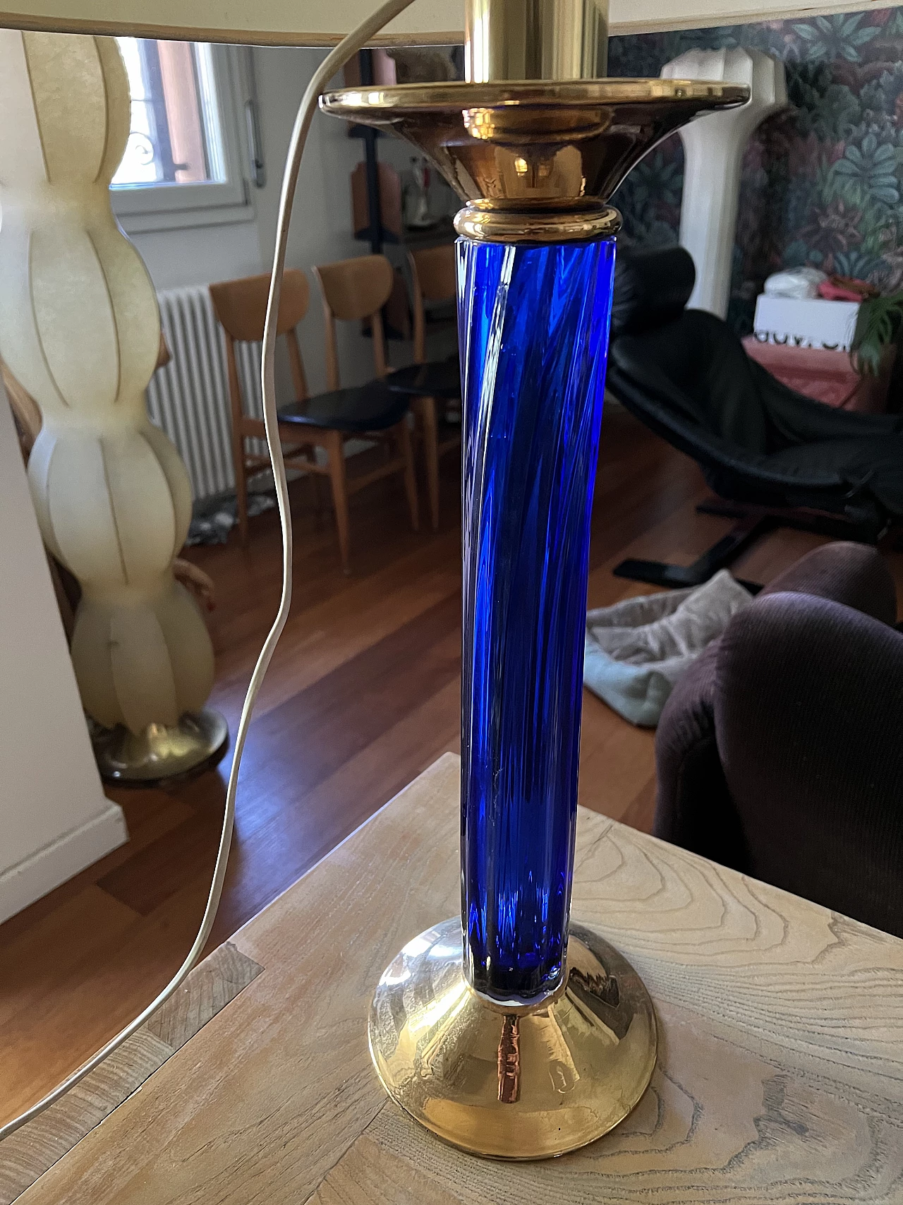 Blue glass and gilded metal table lamp, 1970s 4