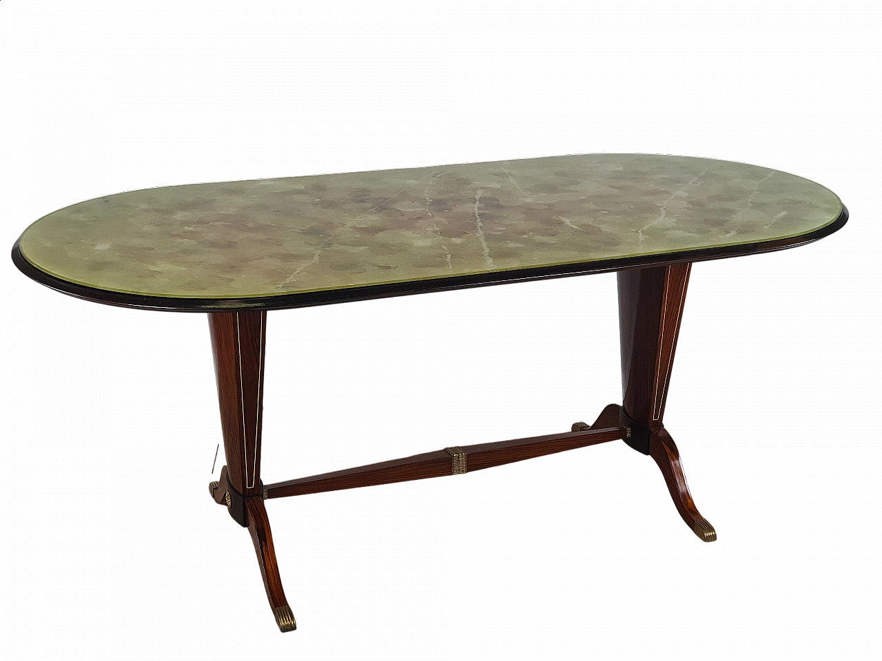 Mahogany oval dining table with decorated glass top, 1950s 38