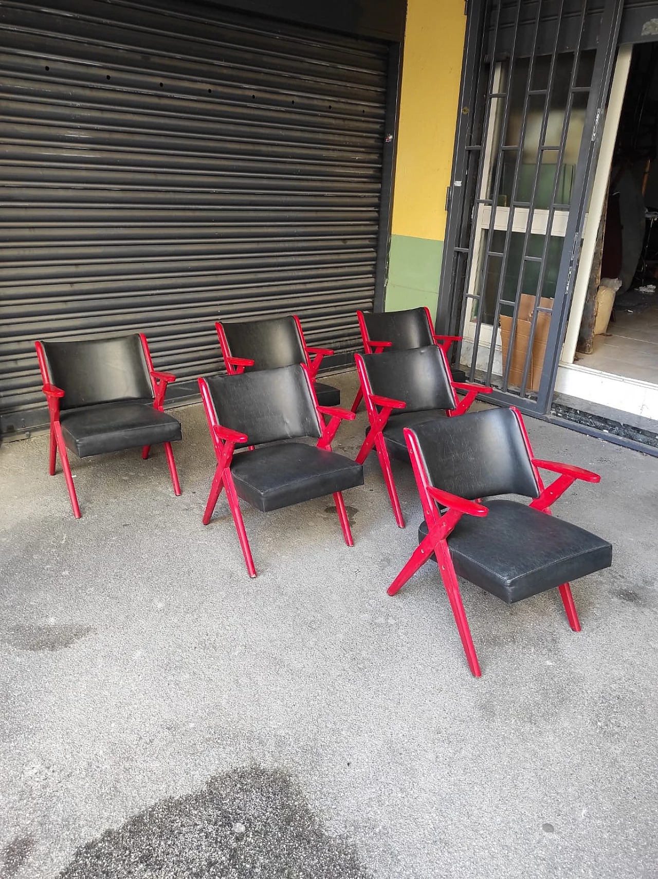 6 Wood and leatherette armchairs by Dal Vera, 1960s 1