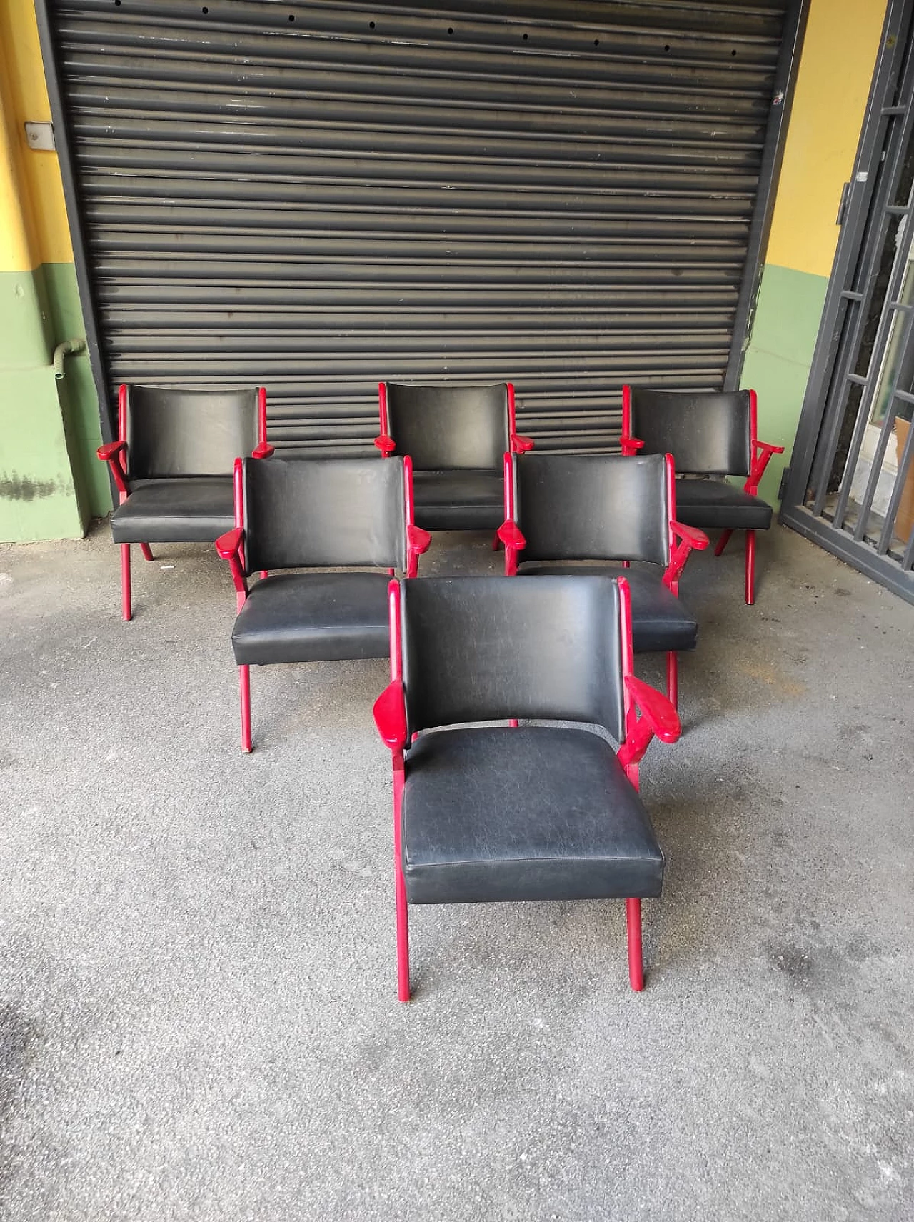 6 Wood and leatherette armchairs by Dal Vera, 1960s 3