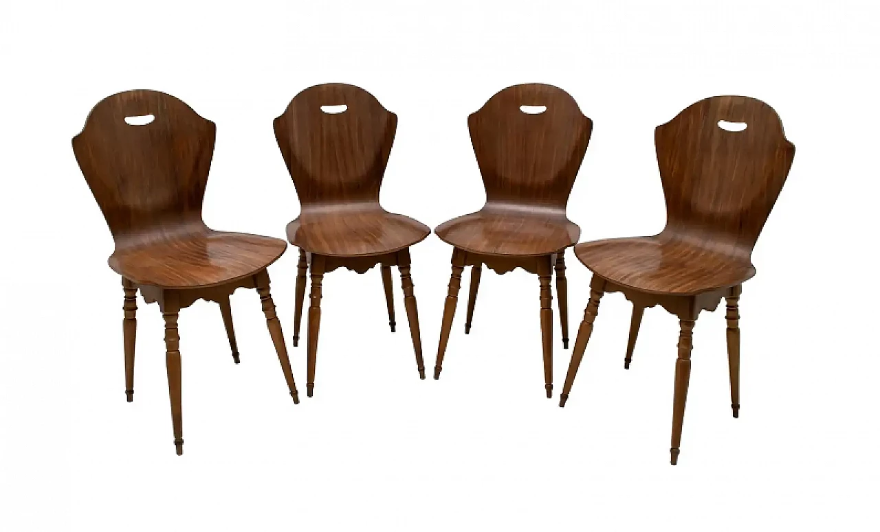 4 Chairs in curved teak plywood and beech, 1950s 1