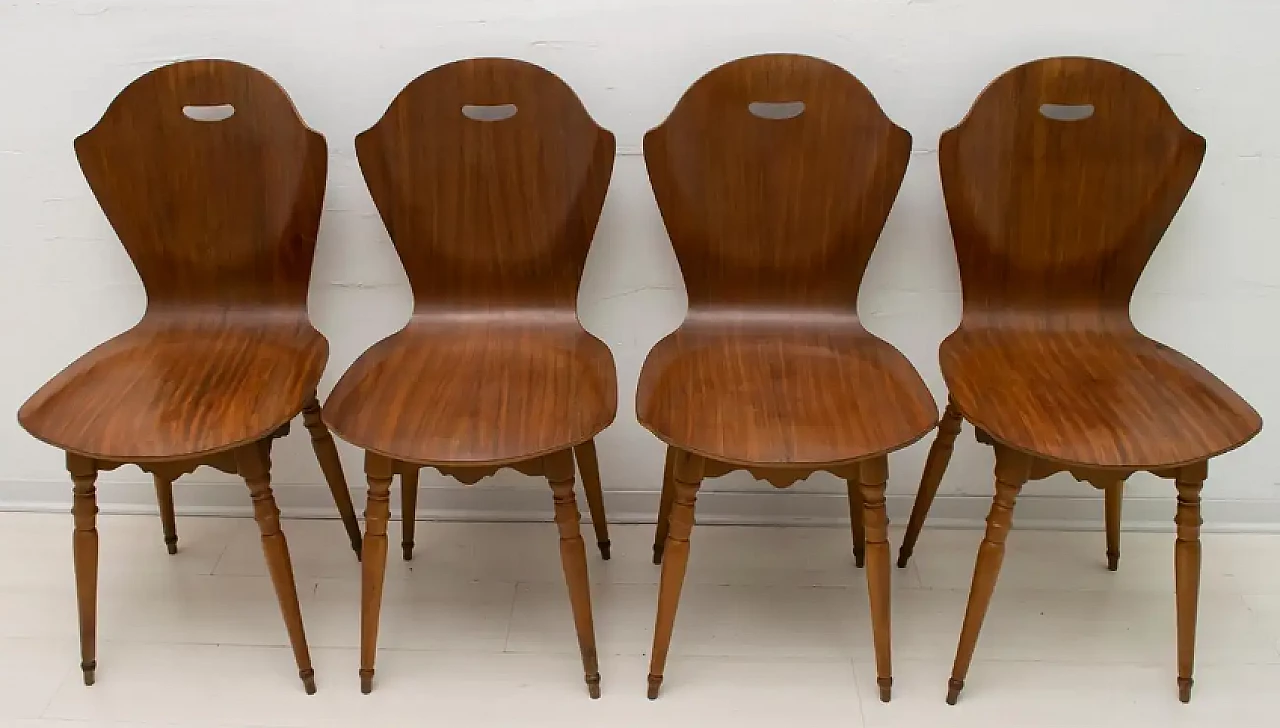 4 Chairs in curved teak plywood and beech, 1950s 2