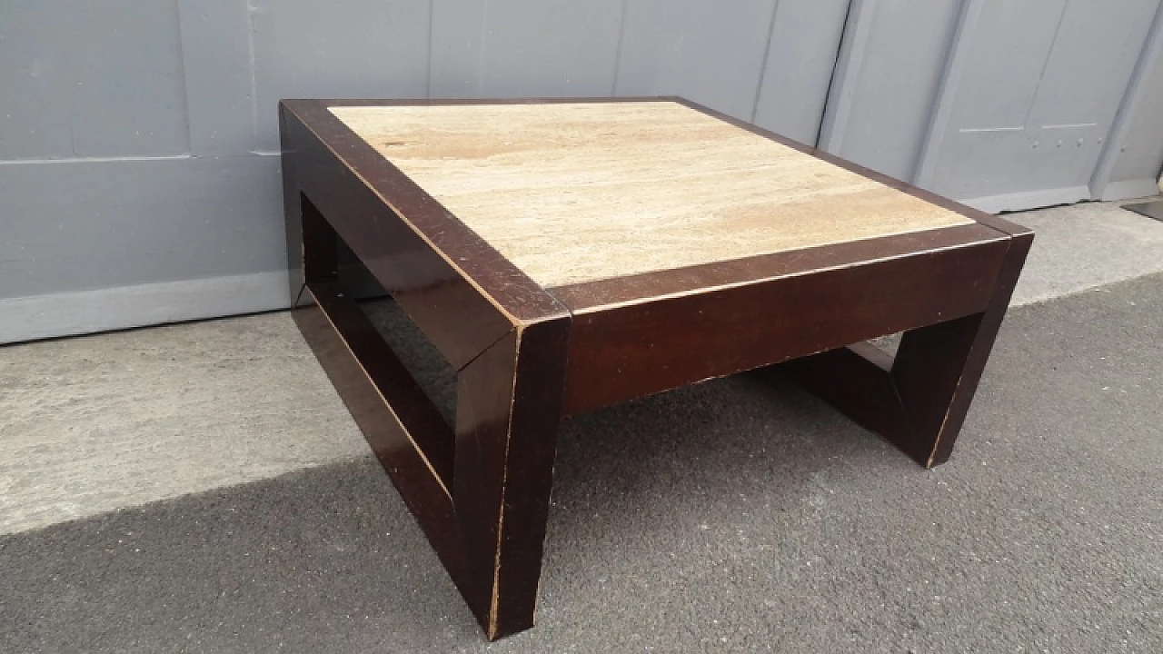 Square wood coffee table with travertine top 1