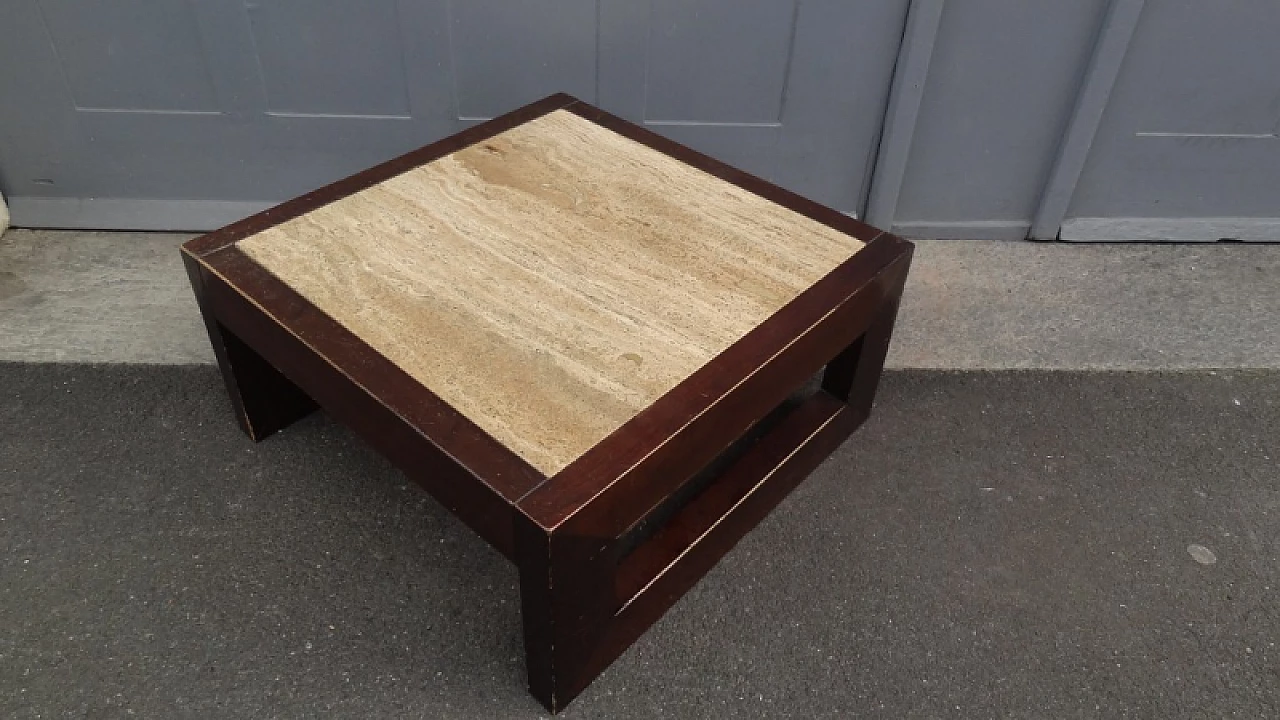 Square wood coffee table with travertine top 2