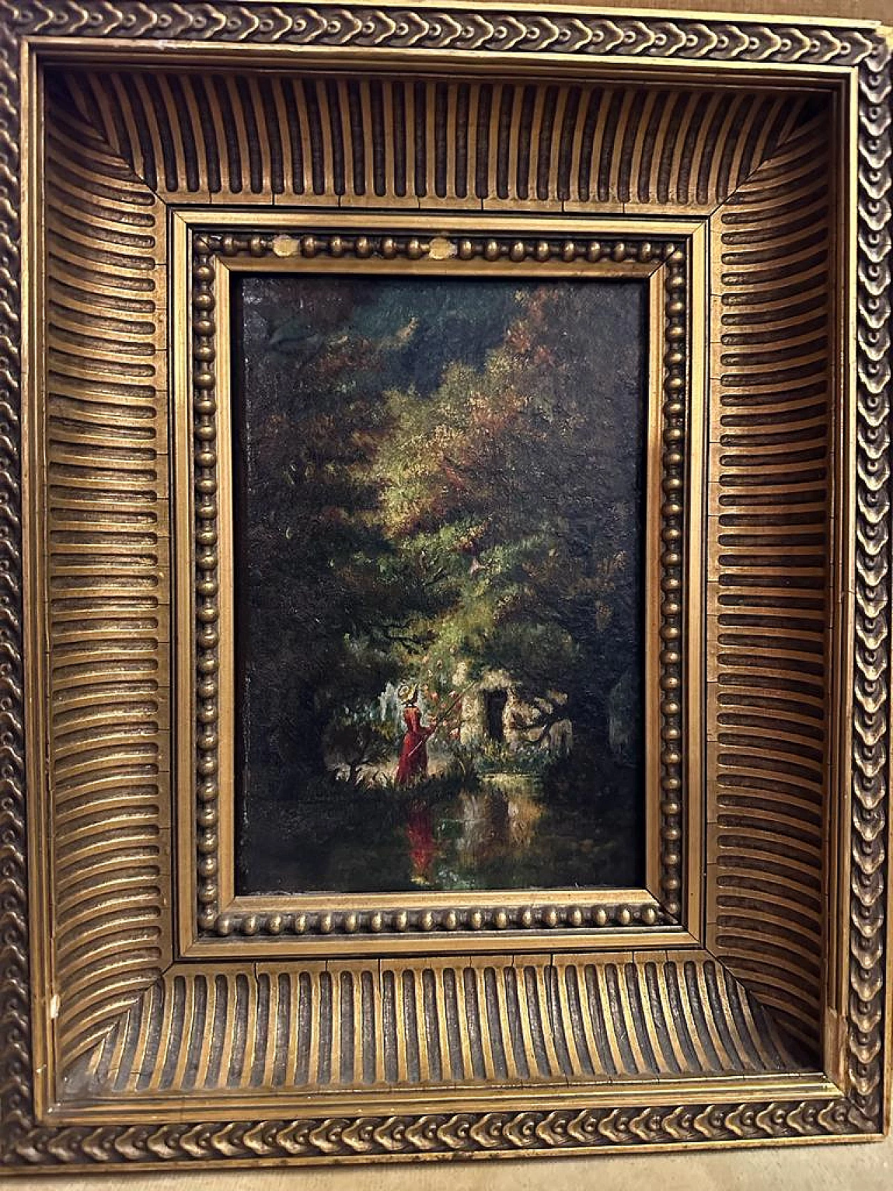 Painting with a view of a forest with a lady fishing, oil on panel 1