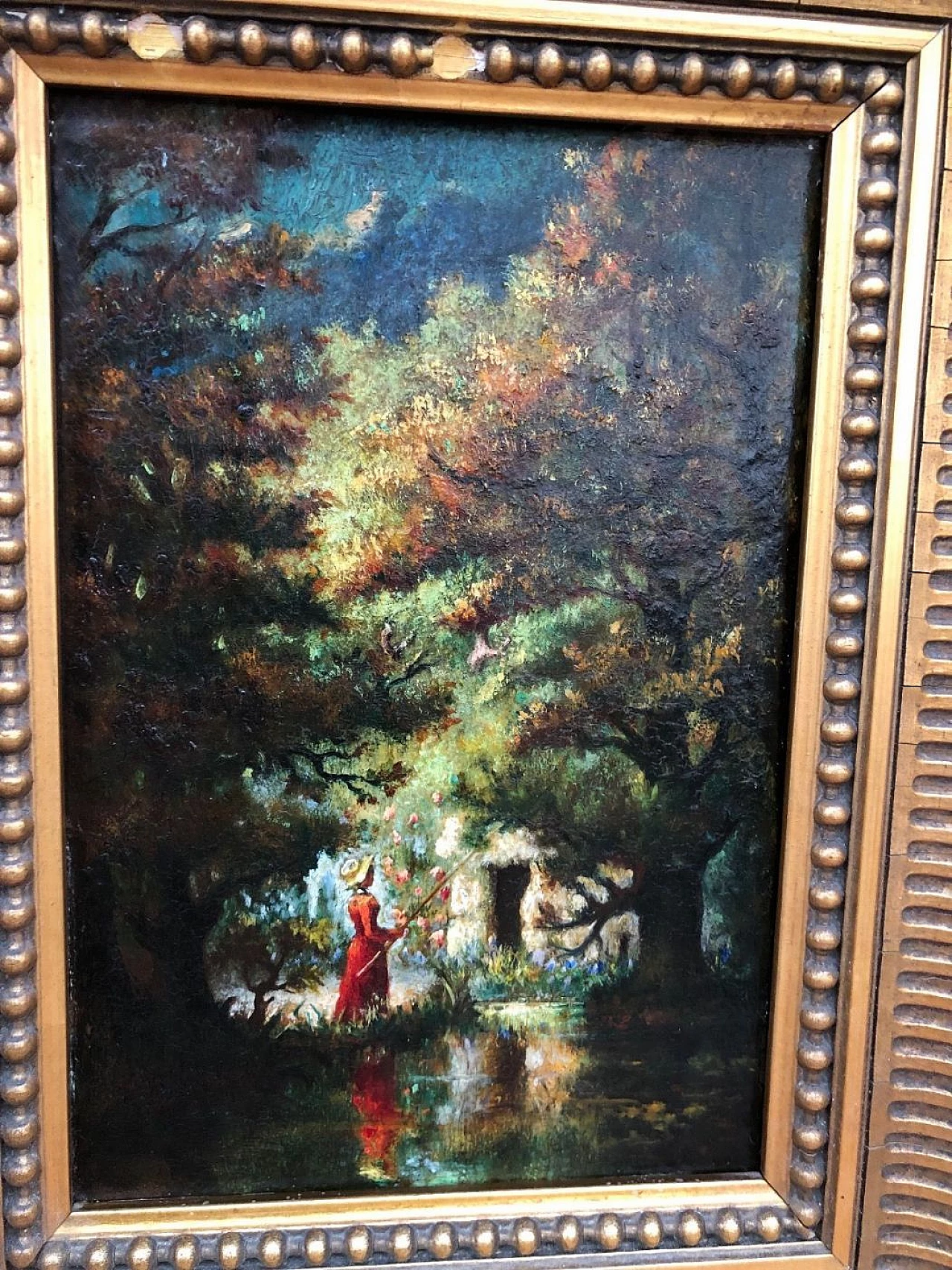 Painting with a view of a forest with a lady fishing, oil on panel 2