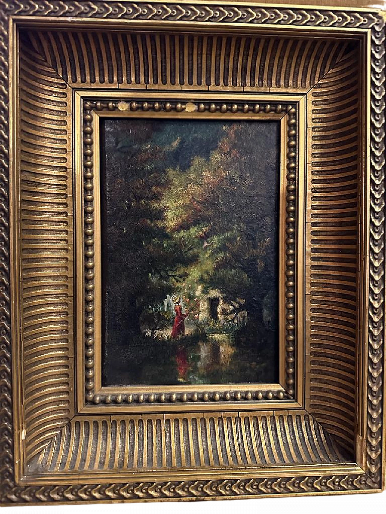 Painting with a view of a forest with a lady fishing, oil on panel 3