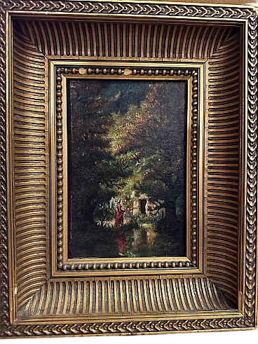 Painting with a view of a forest with a lady fishing, oil on panel