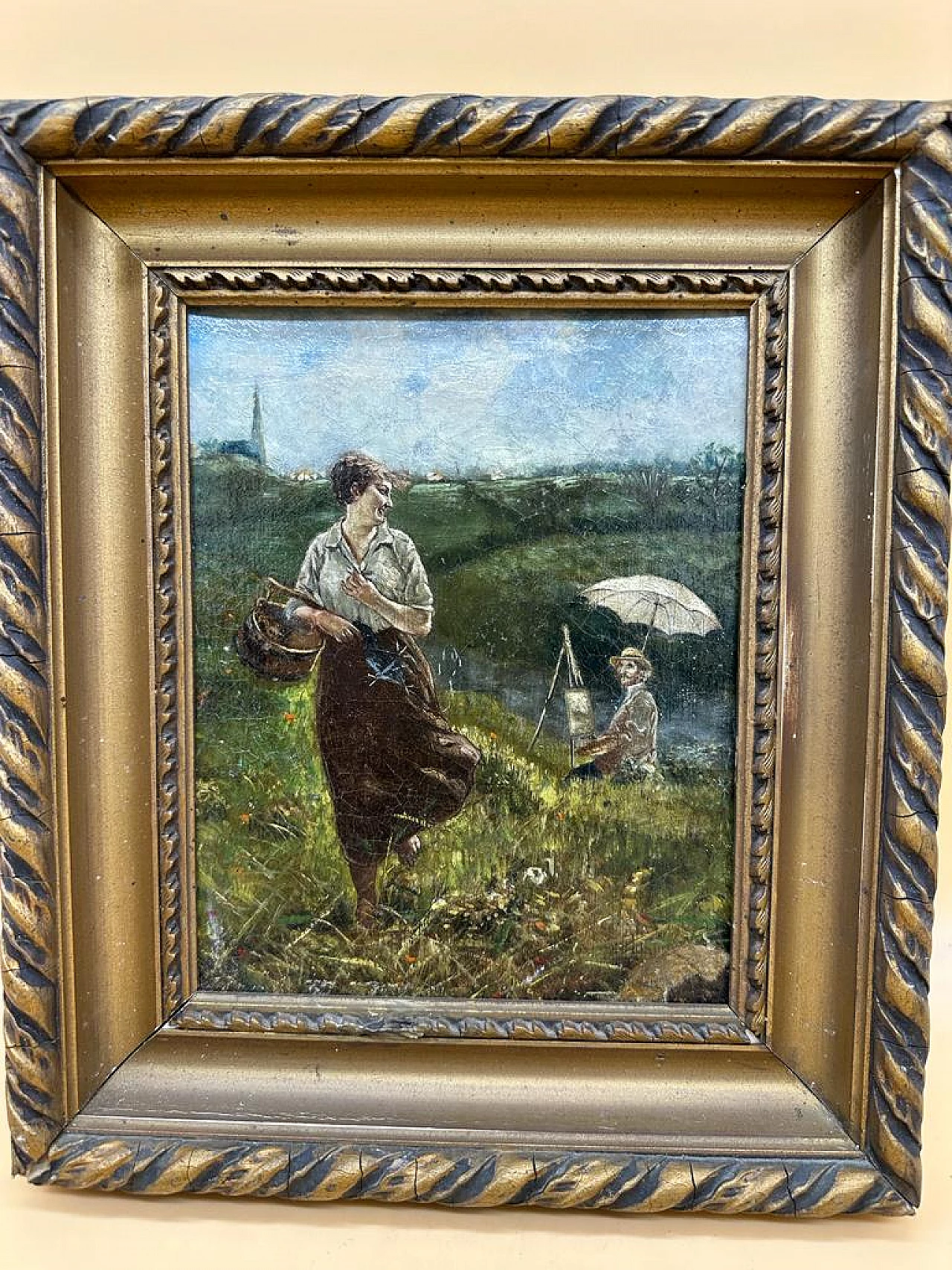 Painting depicting maiden with painter, oil on panel 2