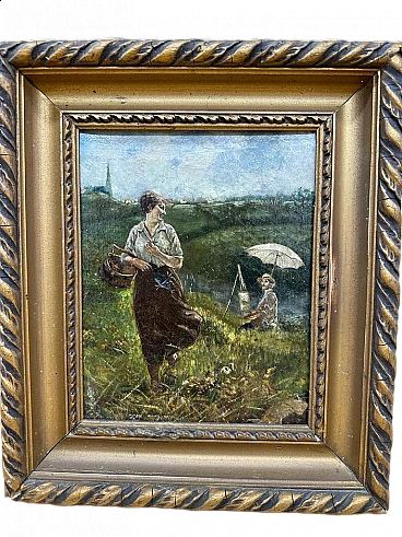 Painting depicting maiden with painter, oil on panel