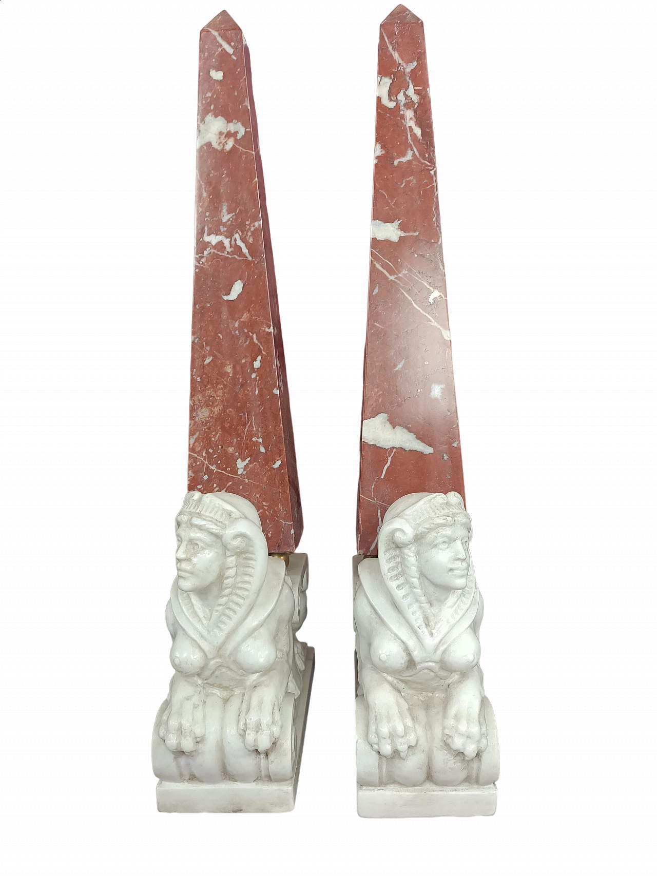 Pair of red and white marble obelisks with sphinx, early 20th century 7