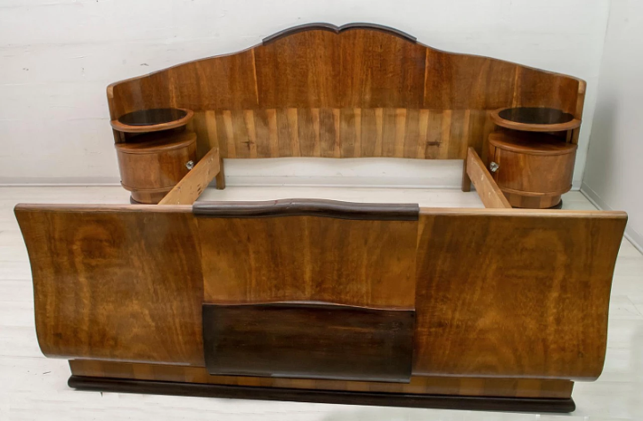 Art Deco walnut double bed with bedside tables, 1920s 2