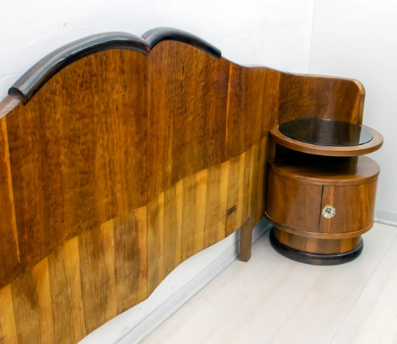 Art Deco walnut double bed with bedside tables, 1920s 10